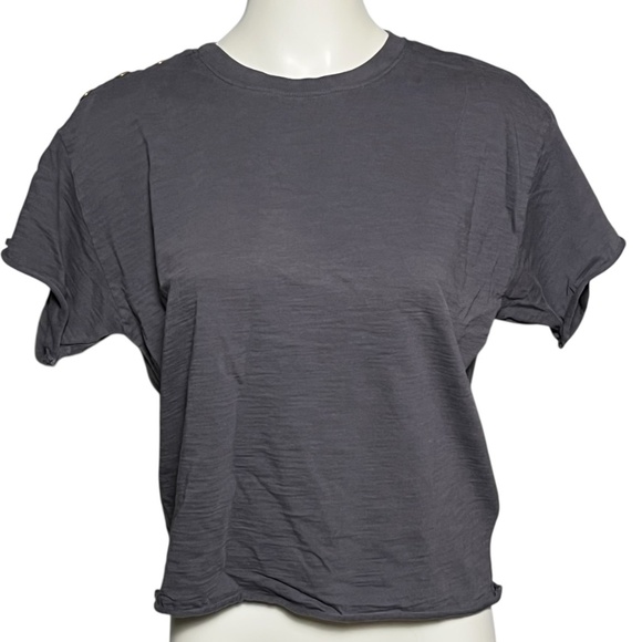 NATION LTD Gray Cotton Cropped Short Sleeve Boxy Brass Button Top Size Small - Picture 7 of 7